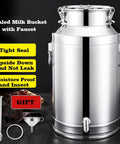 Heavy Duty 304 Stainless Steel Milk Can With Built In Faucet Rock Solid Bulk Storage Barrel For Grain Flour Sugar Coffee Beans And Liquids Tough As Nails Straight Up Pro Grade Utility Tote Jug 16 Point 9 Gallon close-up of sealed milk bucket with faucet and tight seal.