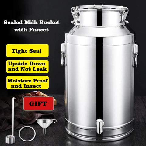 Heavy Duty 304 Stainless Steel Milk Can With Built In Faucet Rock Solid Bulk Storage Barrel For Grain Flour Sugar Coffee Beans And Liquids Tough As Nails Straight Up Pro Grade Utility Tote Jug 16 Point 9 Gallon close-up of sealed milk bucket with faucet and tight seal.