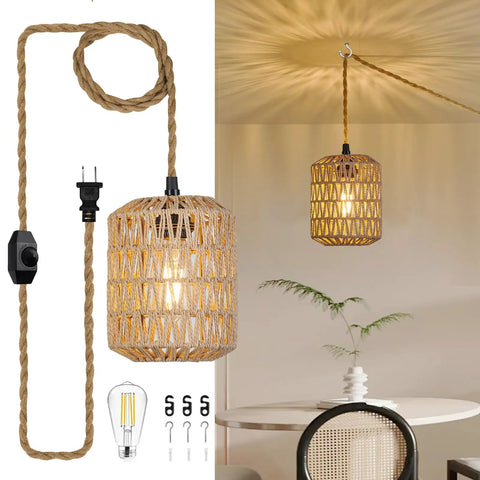 Handcrafted Boho Rattan Plug In Pendant Light With Six Watt Led Bulb And Warm 3000k Glow Featuring A Handy Dimmer Switch Plus Fifteen Foot Cord