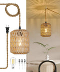 Handcrafted Boho Rattan Plug In Pendant Light With Six Watt Led Bulb And Warm 3000k Glow Featuring A Handy Dimmer Switch Plus Fifteen Foot Cord, showing cozy hung design.