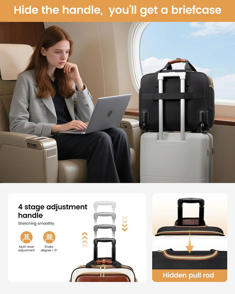 Woman with laptop in airplane, Rolling Laptop Bag For Women With Wheels 17.3 Inch Laptop Briefcase on luggage, 4-stage handle visible
