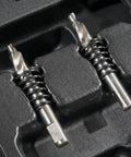 Close-up of two pilot bits in Heavy Duty Hole Cutter Kit With Carbide Cutters And Two Pilot Bits In Rust Proof Molded Plastic Case Eight Piece Workhorse Set For Fast Precise Holes In Stainless Steel Mild Steel Iron Copper And Brass Up To Three Sixteenth Inch Thick