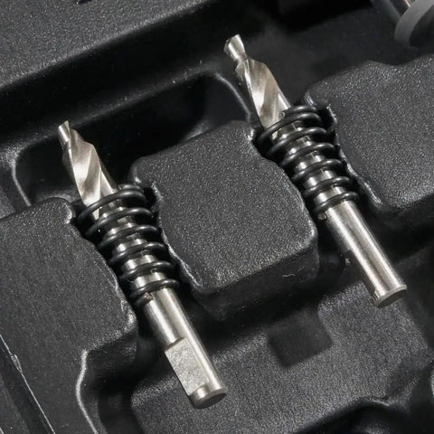 Close-up of two pilot bits in Heavy Duty Hole Cutter Kit With Carbide Cutters And Two Pilot Bits In Rust Proof Molded Plastic Case Eight Piece Workhorse Set For Fast Precise Holes In Stainless Steel Mild Steel Iron Copper And Brass Up To Three Sixteenth Inch Thick