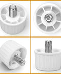 Smooth Operator Fridge Leveling Feet Polyurethane Round Foot Pads Keep Your Freezer Rock Solid Universal Appliance Lift Stabilizer. Top view and side angle of white polyurethane pad with steel rod.