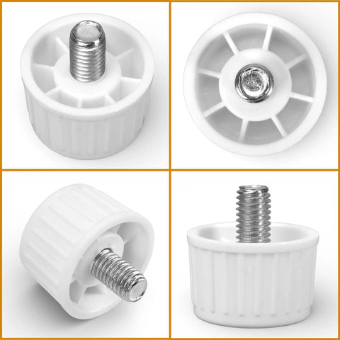 Smooth Operator Fridge Leveling Feet Polyurethane Round Foot Pads Keep Your Freezer Rock Solid Universal Appliance Lift Stabilizer. Top view and side angle of white polyurethane pad with steel rod.