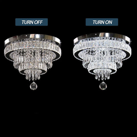 15.7 Inch Crystal Semi Flush Mount Ceiling Light With 2 Ring LED Chandelier Built In Non Dimmable LED Cool White 6500K Glow
