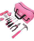 18 Piece Pink Hand Tool Set For Women with hammer, wrench, screwdrivers, tape measure, pliers, and pink toolbox case displayed.
