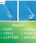 Clear Tent Repair Tape 30 Ft Roll 2.9 In Wide For Tents Awnings Boats RVs And Tarps patch on blue fabric before and after.