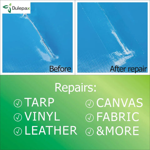 Clear Tent Repair Tape 30 Ft Roll 2.9 In Wide For Tents Awnings Boats RVs And Tarps patch on blue fabric before and after.