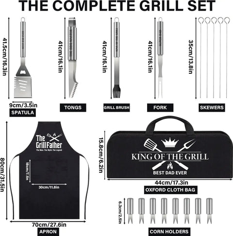 19Pcs Fathers Day BBQ Grill Tools Set With Apron Portable Bag Heavy Duty Stainless Steel Utensils Barbecue Accessories Kit
