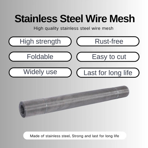 Sturdy 304 Stainless Steel Wire Mesh, 23.5 Inch Wide By 10 Foot Long, 2mm Mesh Holes And 0.45mm Wire Diameter, rolled on white background.