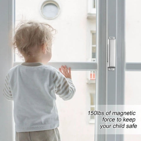 Child standing by window with 4 Pack Magnetic Door Catch 150lb Stainless Steel Heavy Duty Cabinet Magnets visible on frame.
