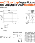 YEJMKJ Nema 23 closed-loop stepper motor with integrated driver; 2-phase, 1.8° step, wiring diagram and dimensions.