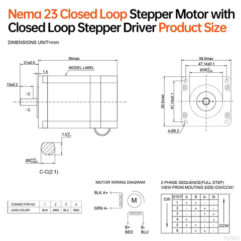 YEJMKJ Nema 23 closed-loop stepper motor with integrated driver; 2-phase, 1.8° step, wiring diagram and dimensions.