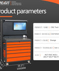 Heavy Duty Mobile Tool Storage Organizer With Light Strip CNC Tool Rack And Screw Cabinet in orange cold-rolled steel.