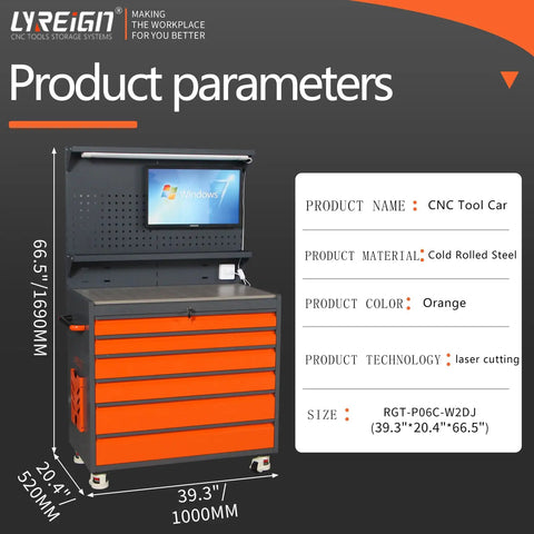 Heavy Duty Mobile Tool Storage Organizer With Light Strip CNC Tool Rack And Screw Cabinet in orange cold-rolled steel.