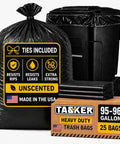 Hella Tough 95 Gallon Contractor Garbage Bags Built Like Armor For Industrial Sites With Easy Tie Necks Top Shelf 2 Mil Trash Can Liners Workhorse Strength Pack Of 25 with black trash bags and box