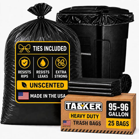 Hella Tough 95 Gallon Contractor Garbage Bags Built Like Armor For Industrial Sites With Easy Tie Necks Top Shelf 2 Mil Trash Can Liners Workhorse Strength Pack Of 25 with black trash bags and box