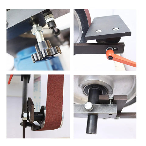 Close-up of components on the Shop Ready Heavy Duty Variable Speed Belt Sander And Knife Grinder with polishing details.