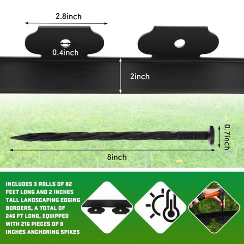 Durable 246 Ft Garden Landscape Edging Kit With Three 82 Ft Rolls Two Inch Tall Flexible Border And 216 Anchoring Spikes For Quick Lawn Border Definition And Long Lasting Outdoor Edges Easy Install, close-up of edging border and spike dimensions.