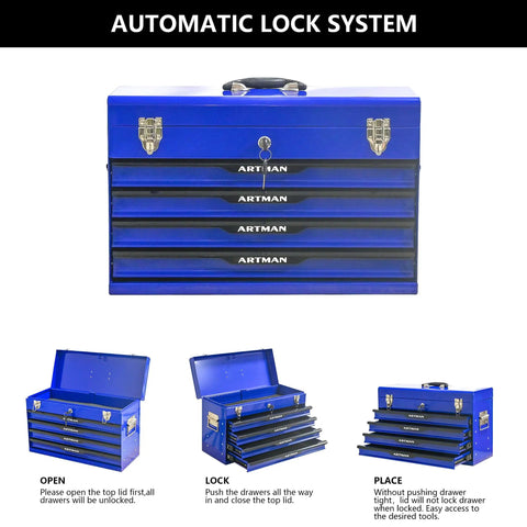 20 Inch Steel Portable Tool Box With Drawers Tool Storage Box Organizer With Metal Lock Closure, shown open and closed