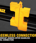 Close-up of Heavy Duty Tool Organizer Rail For Workbench Mounting with yellow endcap joiners on black metal rail system.