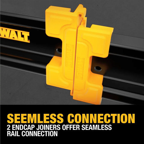 Close-up of Heavy Duty Tool Organizer Rail For Workbench Mounting with yellow endcap joiners on black metal rail system.