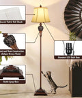 Vintage Floor Lamp With Rotary On Off Switch For Easy One Hand Use Tall Farmhouse Style Standing Lamp For Living Room Mid Century Antique Pole Lamp For Bedroom Reading White Fabric Shade Rustic Warm Glow Decor with cat climbing on base.