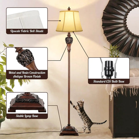 Vintage Floor Lamp With Rotary On Off Switch For Easy One Hand Use Tall Farmhouse Style Standing Lamp For Living Room Mid Century Antique Pole Lamp For Bedroom Reading White Fabric Shade Rustic Warm Glow Decor with cat climbing on base.