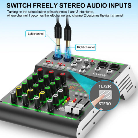 4 Channel DJ Mixer With USB Bluetooth And Computer Playback, highlighting stereo audio inputs and control panel features.