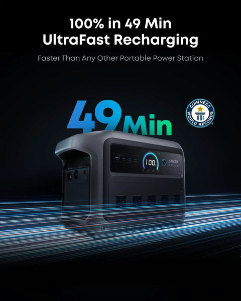 SOLIX C1000 Gen 2 Portable Power Station With 2000W Continuous Output, shown with 49-minute recharge feature