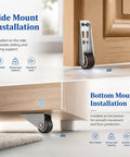 Side and bottom mount installations of Tough As Nails Vertical Track Rollers With Smooth Rolling Bottom Wheels in a wooden setting.