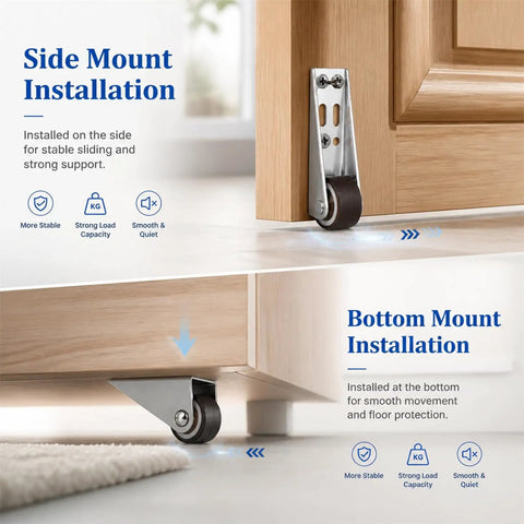 Side and bottom mount installations of Tough As Nails Vertical Track Rollers With Smooth Rolling Bottom Wheels in a wooden setting.