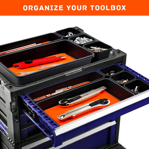 47 Piece Tool Drawer Organizer Set in Orange for Rolling Tool Chest Cabinet with tools organized in trays
