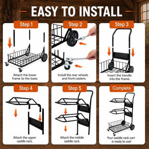 Heavy Duty Rolling Saddle Rack Cart With Spacious Basket And Locking Casters For Super Smooth Glides assembly instructions with detailed steps.