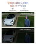 Wireless Solar Outdoor Security Camera With 2K HD Video And 360 Pan Tilt AI Auto Tracking showing color night vision of a car and person.