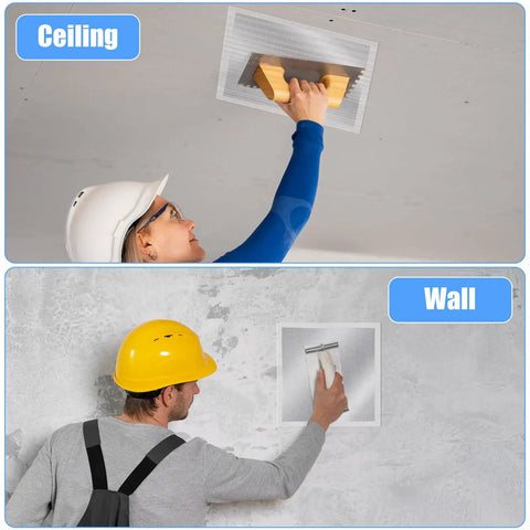Man applying DIY Wall Repair Kit No Pro Needed With 4 Large 12 Inch Self Adhesive Mesh Patches on ceiling and wall.