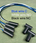4 Sets Black Magnetic Reed Door Sensor Kit With NC And NO Contacts, blue white black wires labeled, green background