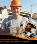 Self Leveling Concrete Crack Filler And Rapid Dry Cement Sealant For Driveways And Patios Goes On Smooth Locks Down Tight Handles Extreme Freeze Thaw Cycles Stays Pliable Gray 20 Oz held by a construction worker in a helmet and gloves on a job site.