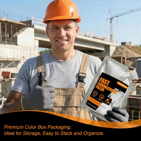 Self Leveling Concrete Crack Filler And Rapid Dry Cement Sealant For Driveways And Patios Goes On Smooth Locks Down Tight Handles Extreme Freeze Thaw Cycles Stays Pliable Gray 20 Oz held by a construction worker in a helmet and gloves on a job site.