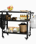 Beefy Outdoor Grill Cart With Wheels, Pizza Oven Stand And Prep Table For Patio And Backyard with items on shelves.