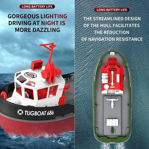 Gnarly Fast RC Boat Tugboat 2.4Ghz Remote 1/72 Scale Simulation Racing Model Unassembled DIY Kit RTR Version Black Finish Includes 2 Batteries Perfect Gift For Speed Junkies with gorgeous lighting for night driving and streamlined hull design.