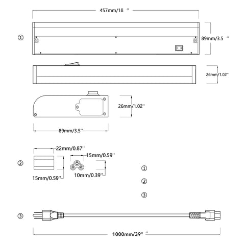 Diagram of Under Cabinet Lighting You Can Hard Wire Or Plug In, Dimmable RGB Color Changing LED Fixture With dimensions and wiring
