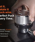 Top Shelf Automatic Espresso Tamper Designed To Hit Different On Every Shot With Dead Simple Adjustable Tamping Pressure And A Heavy Duty Aluminum Build For Zero Sweat Daily Coffee Routines, shown being used for perfect puck compression.