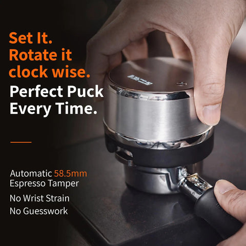 Top Shelf Automatic Espresso Tamper Designed To Hit Different On Every Shot With Dead Simple Adjustable Tamping Pressure And A Heavy Duty Aluminum Build For Zero Sweat Daily Coffee Routines, shown being used for perfect puck compression.