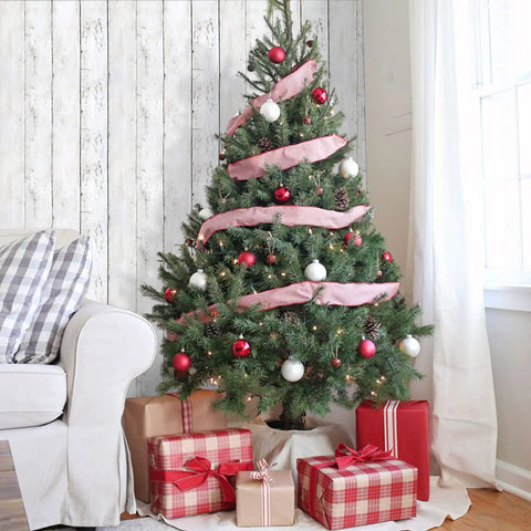 Christmas tree in a living room with Shiplap Peel And Stick Wallpaper White Wood Plank Vinyl Wrap For Walls Countertops And Furniture