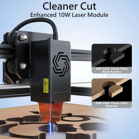 ORTUR Laser Master 2 S2 LU2-10A laser engraver with black housing; blue laser engraving on wood.
