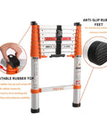 One-Button Retractable Telescoping Attic Ladder 8.5 Ft Aluminum Extension with rubber feet and rotatable top for safety.
