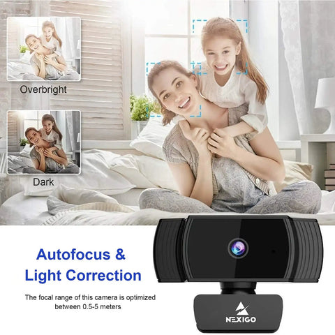 Solid 1080p Autofocus Webcam With Built In Mic For Laptop And Desktop, featuring light correction and focus display.