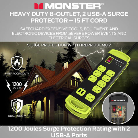Heavy Duty Garage Power Strip Surge Protector With Mountable Design, 8 Grounded AC Outlets And 2 USB A Ports, 14ft Cord, ETL Listed